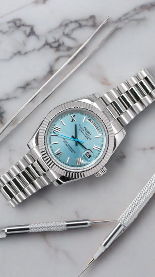 Seiko mod Platinum Ice Blue 39mm Day Date automatic watch