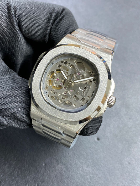 Seiko mod silver skeleton nautilus automatic watch