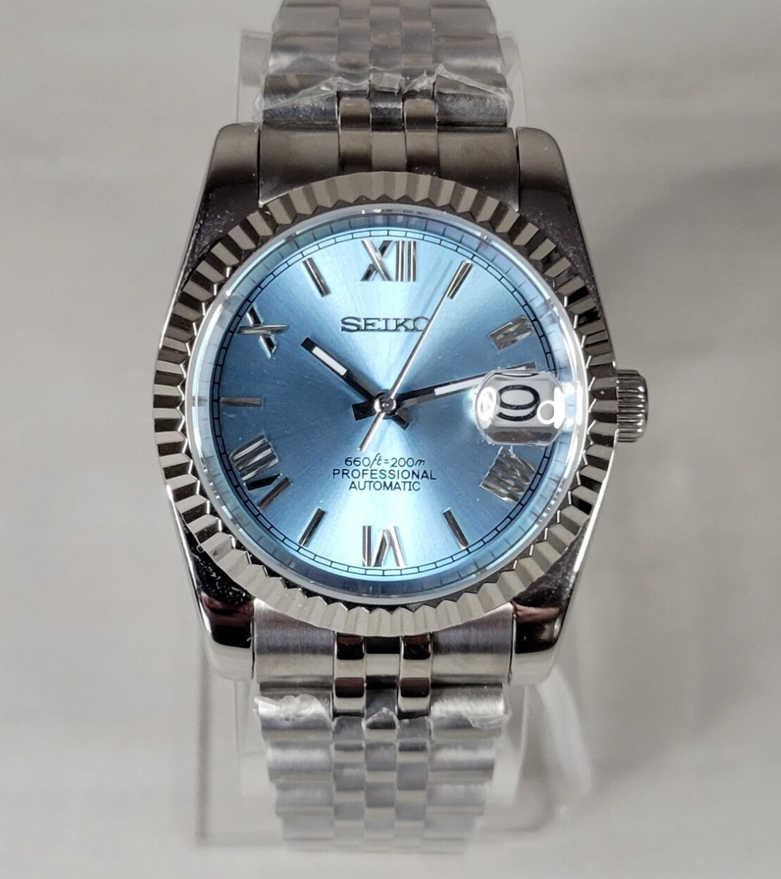 39mm Fluted Explorer Homage, Pale Blue Dial, Roman Numerals, Stainless Case, Sapphire Crystal - NH35A