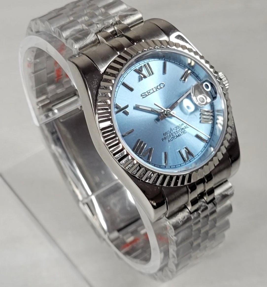 39mm Fluted Explorer Homage, Pale Blue Dial, Roman Numerals, Stainless Case, Sapphire Crystal - NH35A