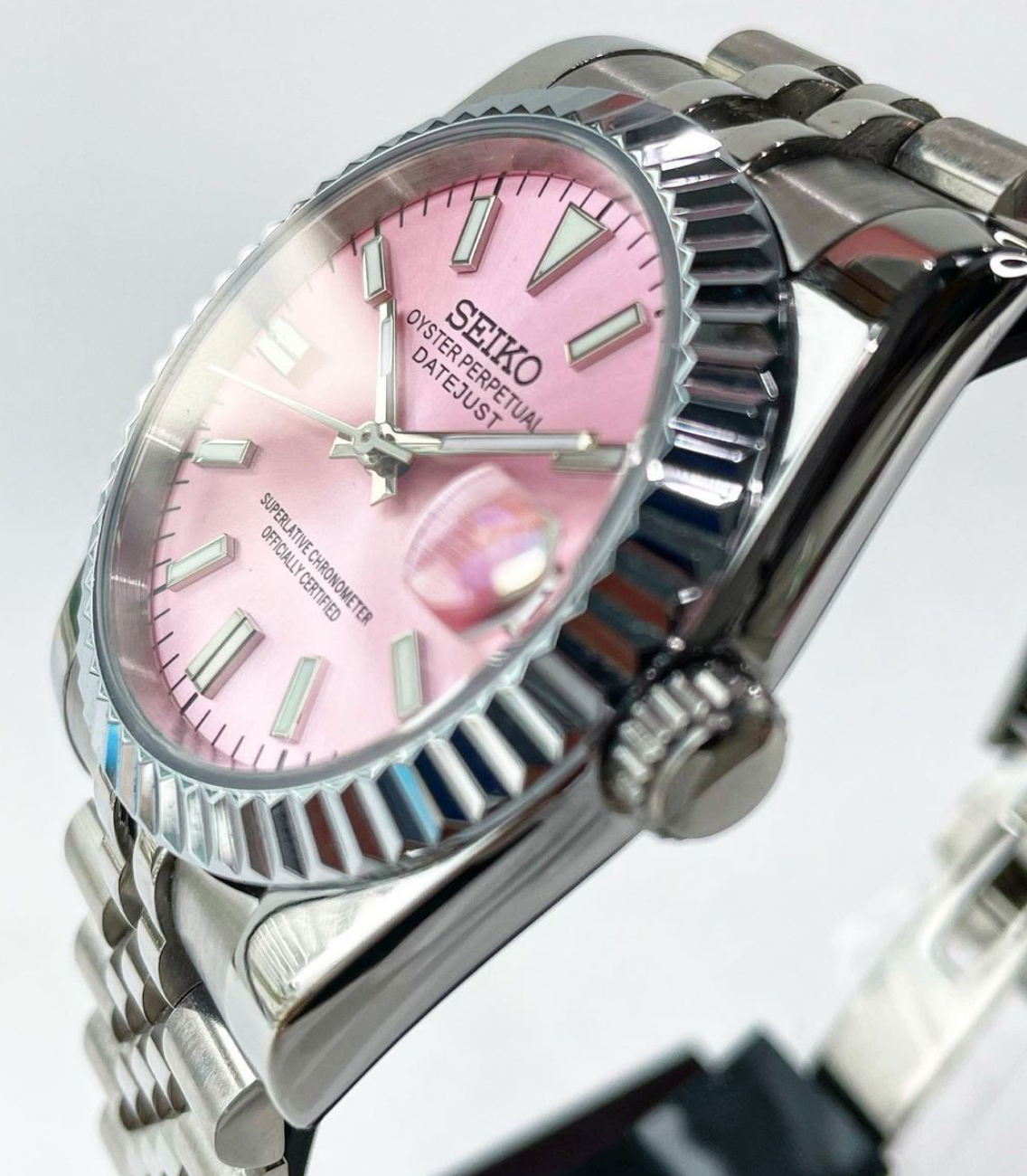 36mm pink seiko mod datejust automatic watch