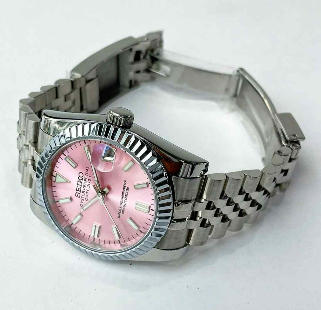 36mm pink seiko mod datejust automatic watch