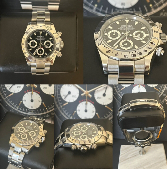 seiko mod custom build black daytona meca-quartz chronograph watch