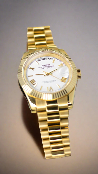 Seiko Mod white dial Gold Day date automatic watch