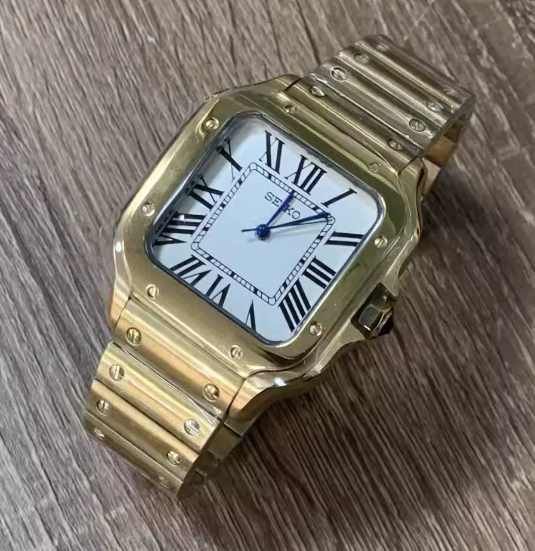 Seiko mod santos gold white dial automatic watch