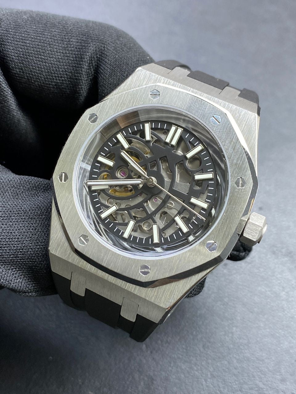 Seiko mod silver Skeleton Royal oak automatic watch with rubber strap