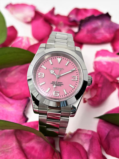 Seiko mod pink explorer NH35 automatic watch 36mm