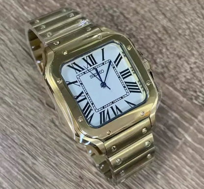Seiko mod santos gold white dial automatic watch