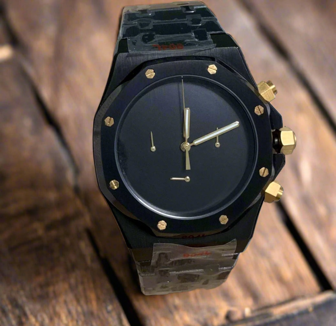 Seiko mod royal oak minimalist chronograph black gold chronograph watch