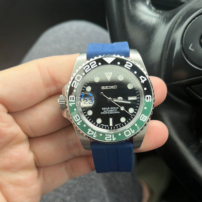 Seiko mod left handed sprite with blue rubber strap