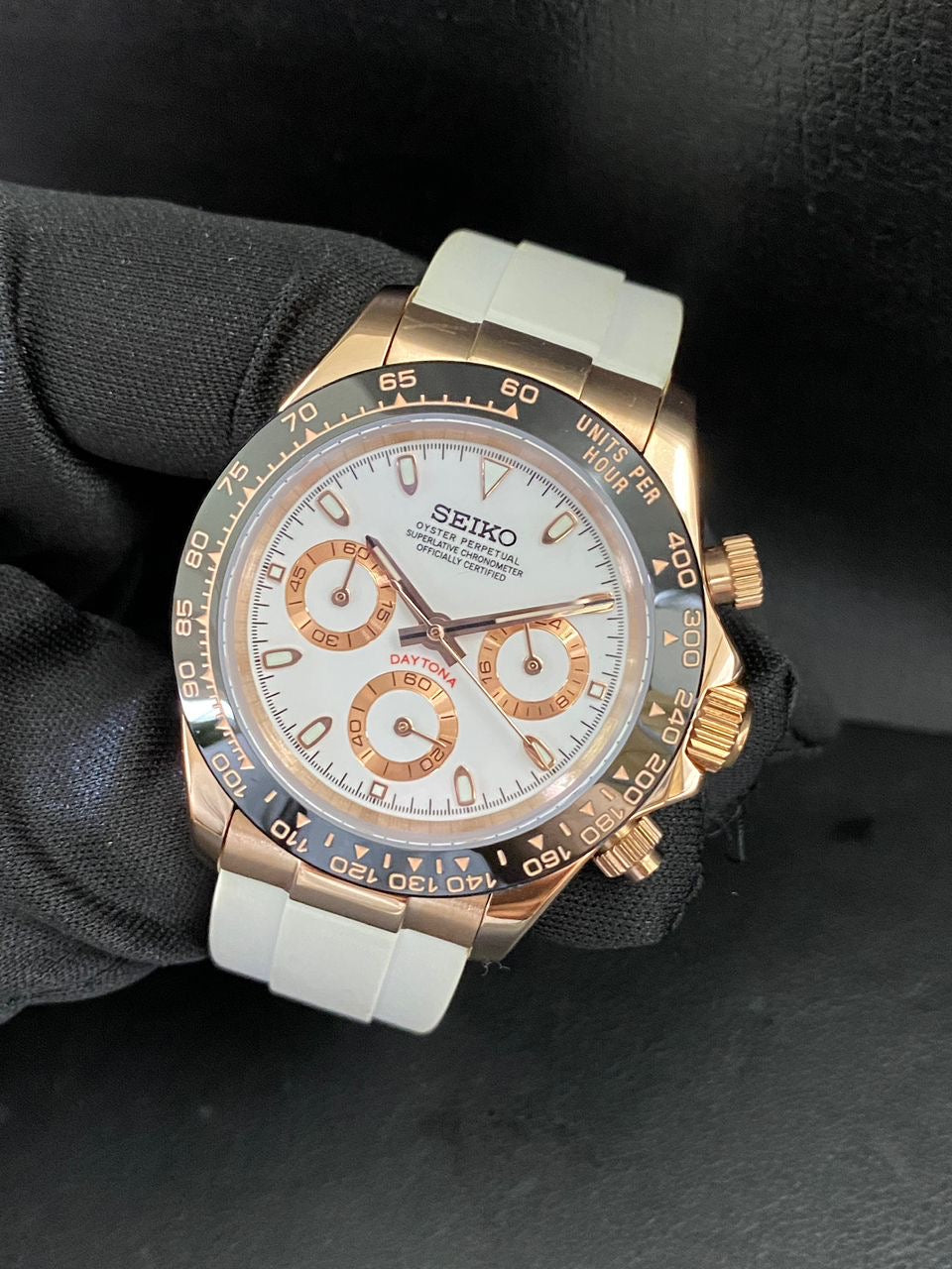 Seiko mod rosegold Daytona white dial VK63 chronograph watch