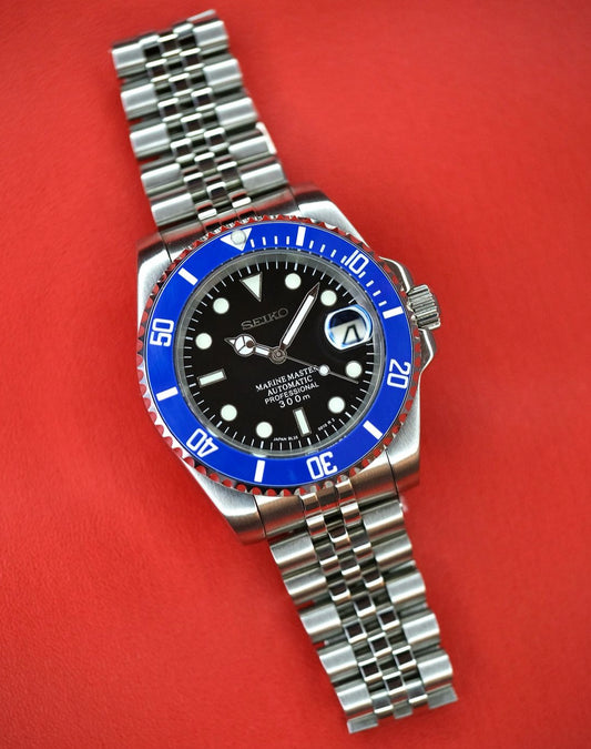 Seiko mod blue submariner automatic watch