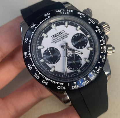 Seiko mod panda Paul Newman Daytona meca quartz chronograph watch