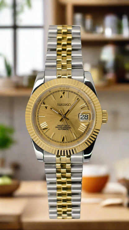 Seiko Mod gold two toned 39mm datejust Nh35 automatic watch