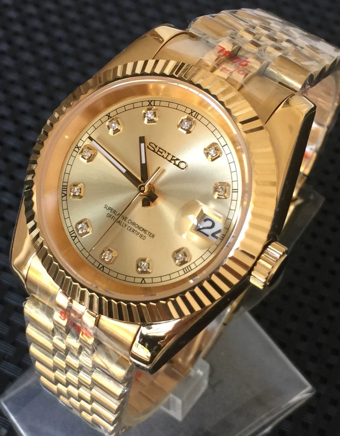 Seiko datejust mod - gold diamond style dial automatic watch with jubilee bracelet