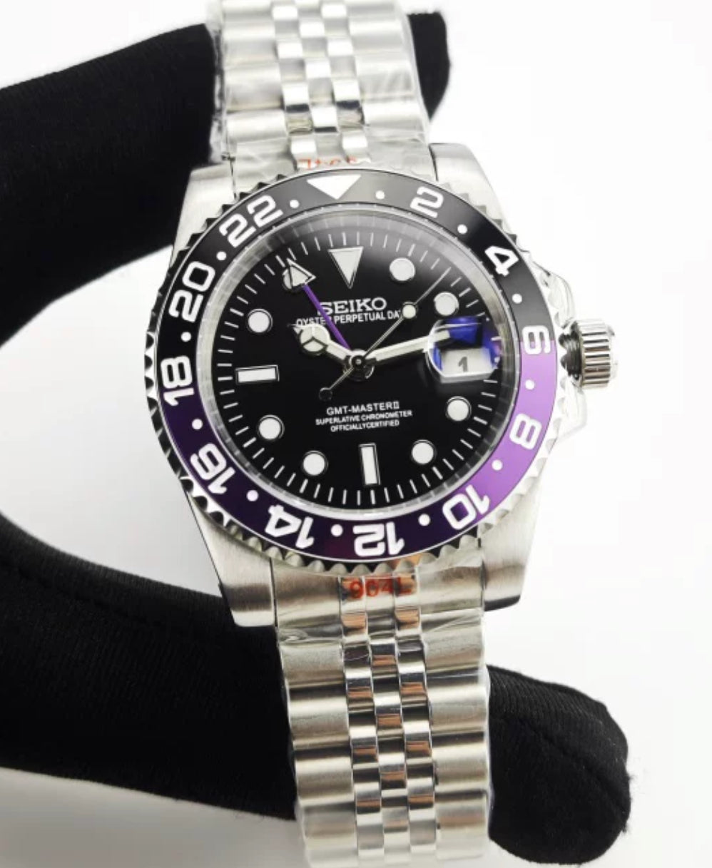 Seiko mod purple joker GMT automatic watch