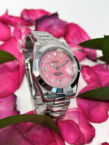 Seiko mod pink explorer NH35 automatic watch 36mm