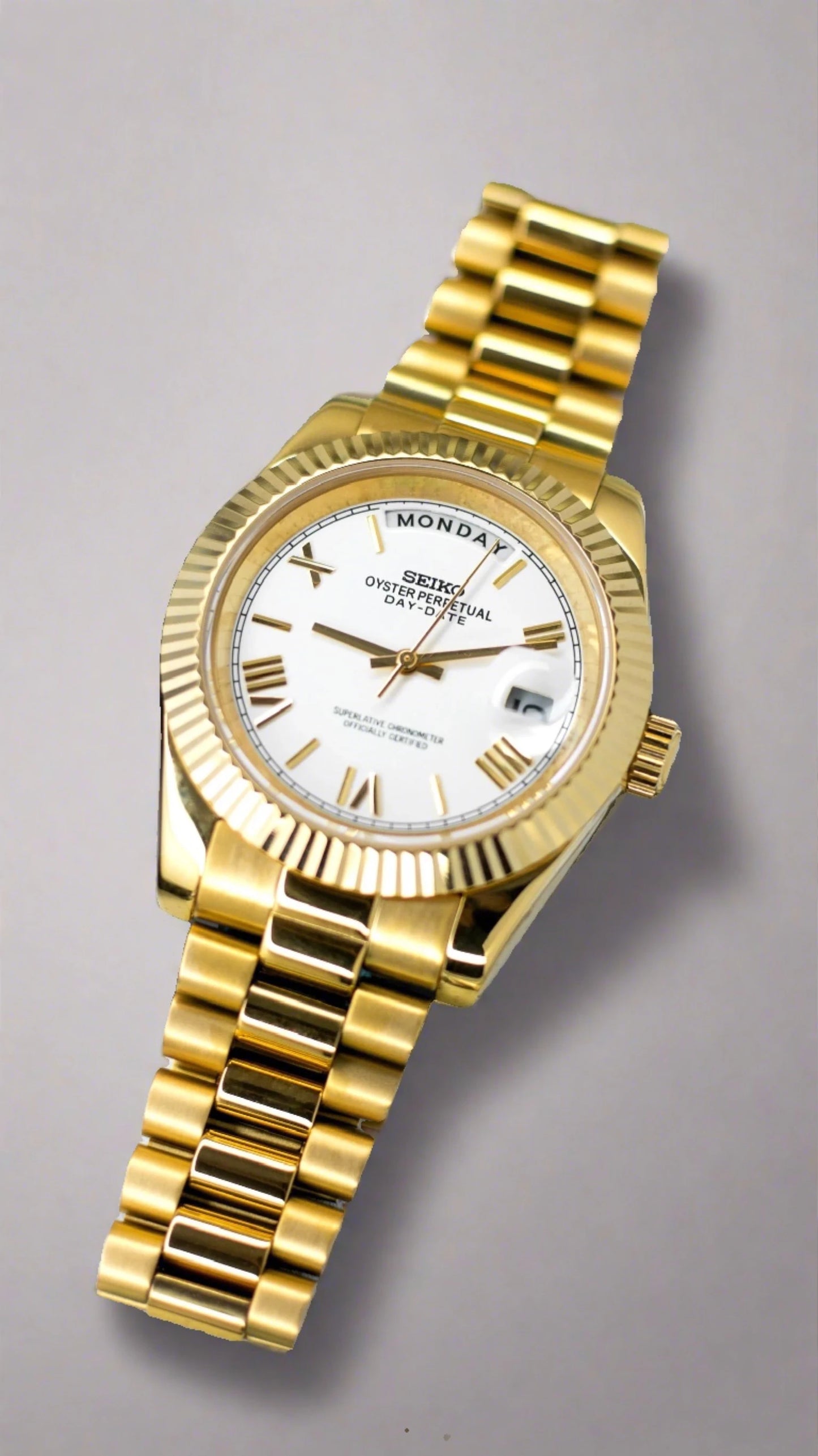 Seiko Mod white dial Gold Day date automatic watch