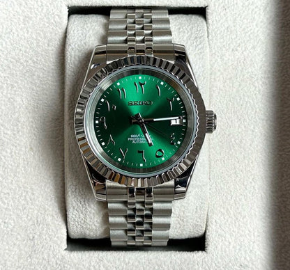 Seiko green Arabic fluted datejust mod automatic watch