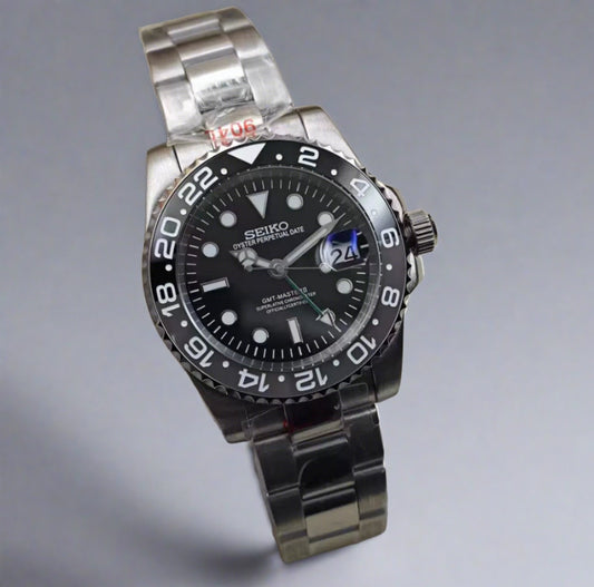 Seiko mod new GMT grey & black cerachrom bezel NH34 automatic watch