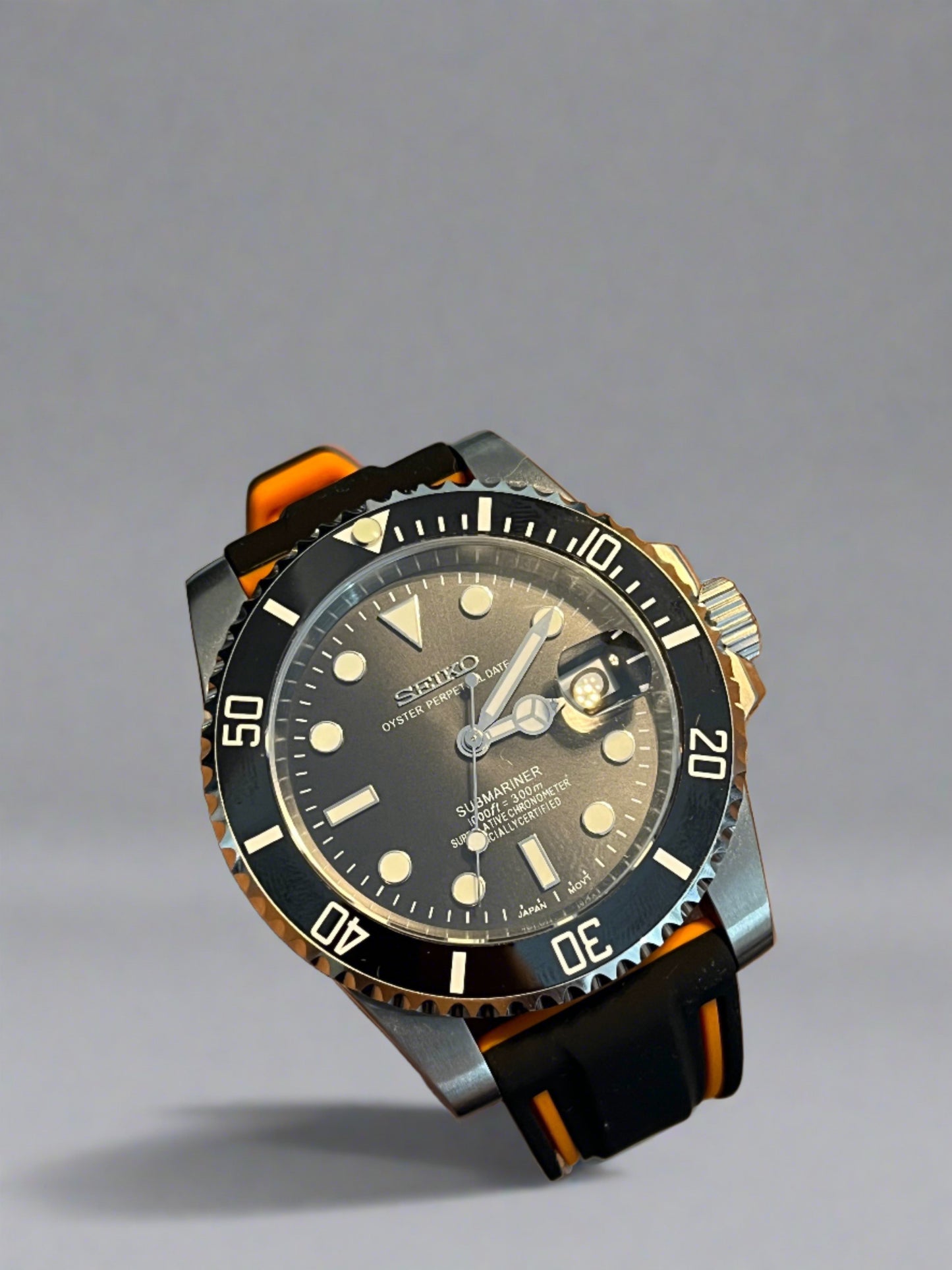 Seiko mod black submariner with orange rubber strap automatic watch