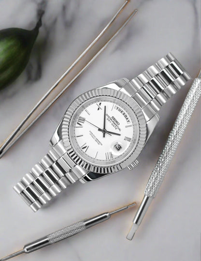 Seiko Mod White Day Date 39mm automatic watch