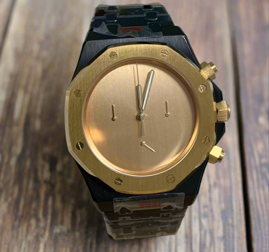 Seiko mod royal oak minimalist chronograph black gold chronograph watch
