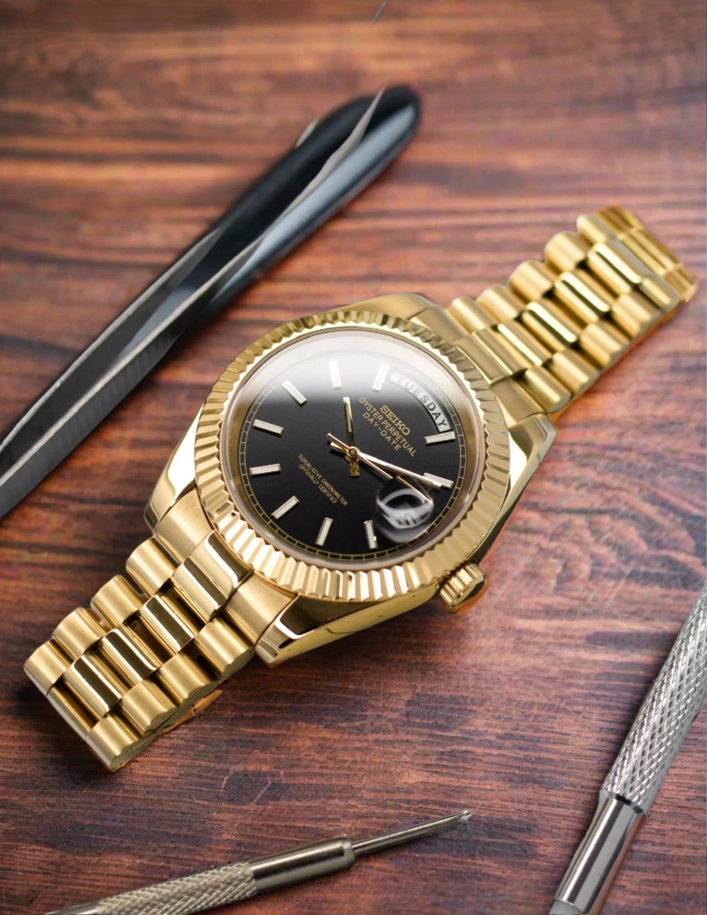 Seiko mod Black gold 39mm Day Date automatic watch