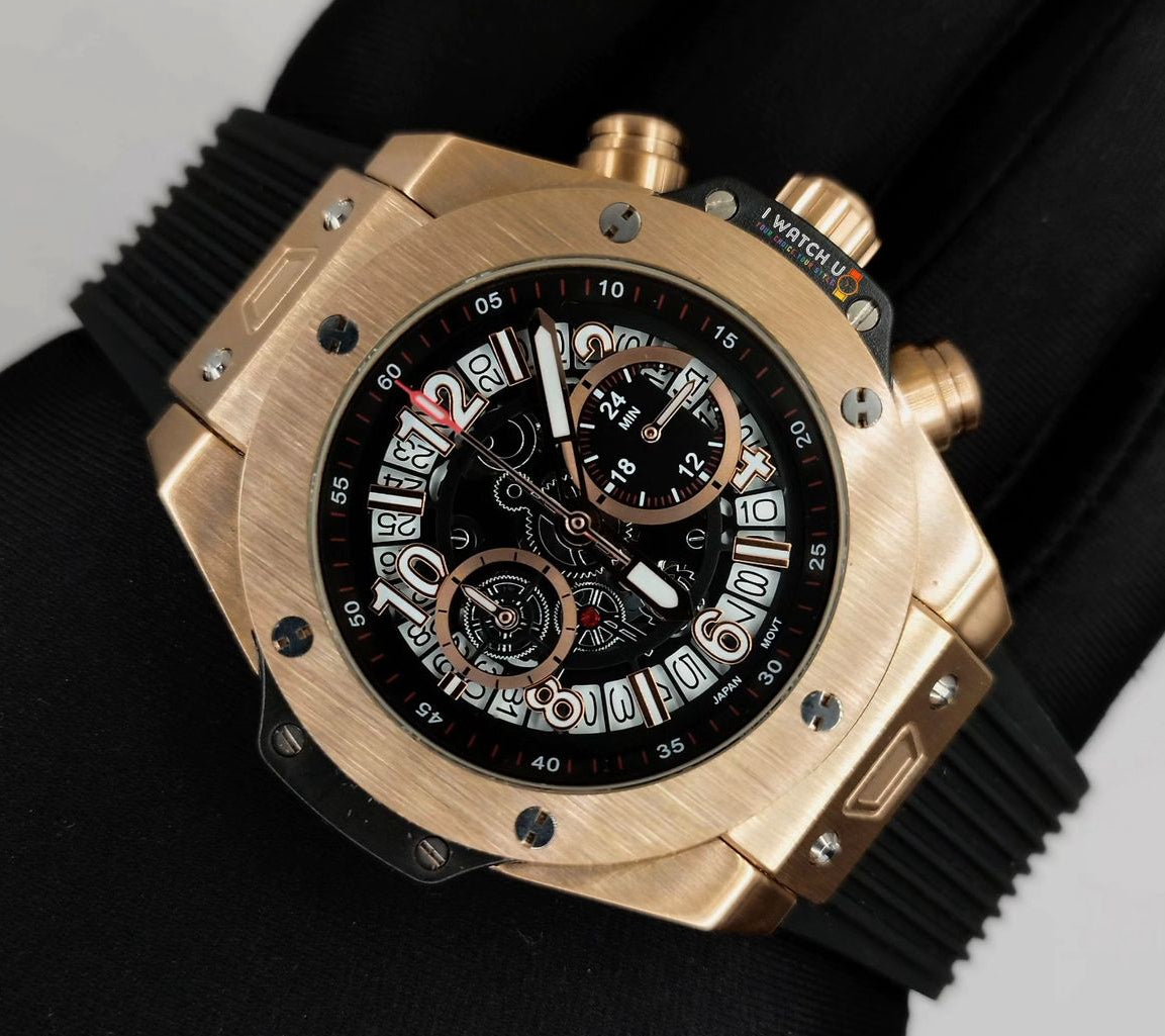 Seiko mod skeleton rosegold mega quartz chronograph watch