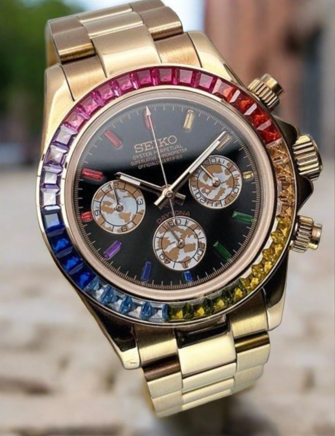Seiko mod rainbow Rosegold meca-quartz VK63 chronograph watch