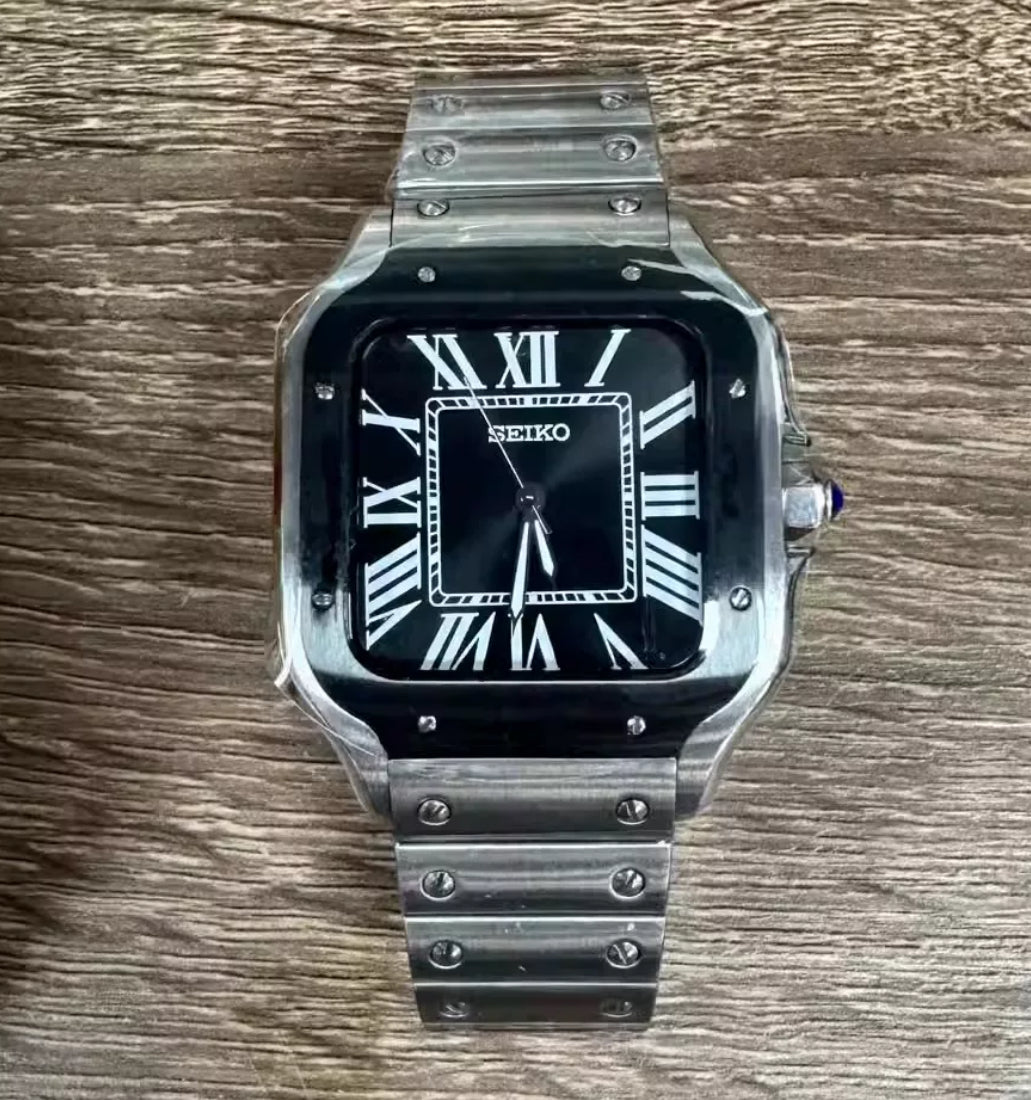 Seiko mod silver santos black bezel dial automatic watch