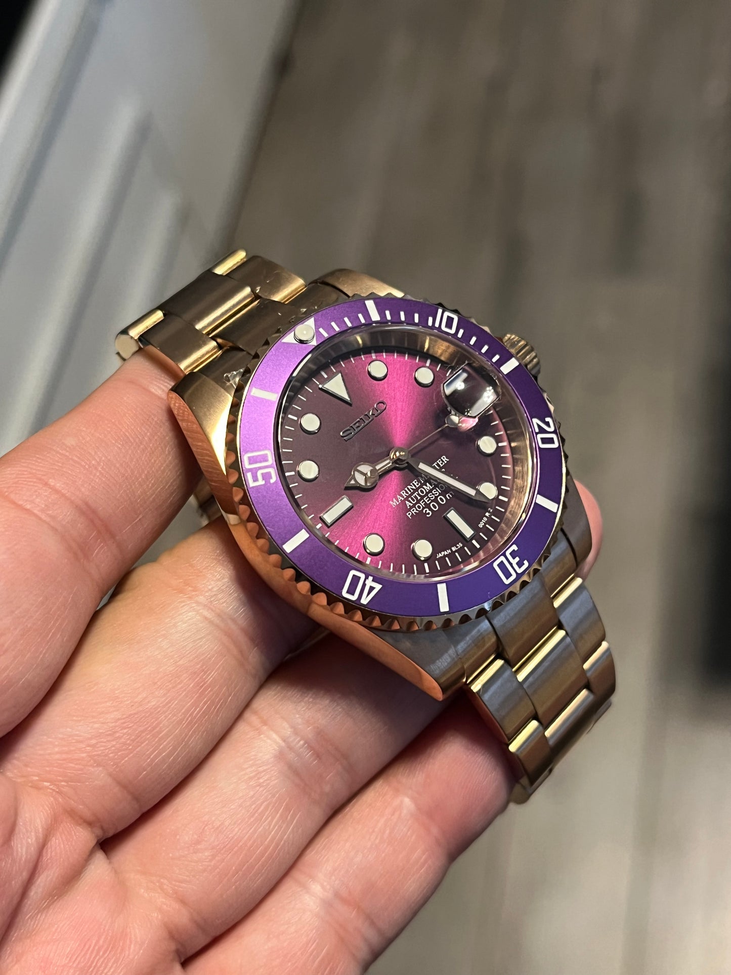 Seiko mod purple rosegold submariner automatic watch