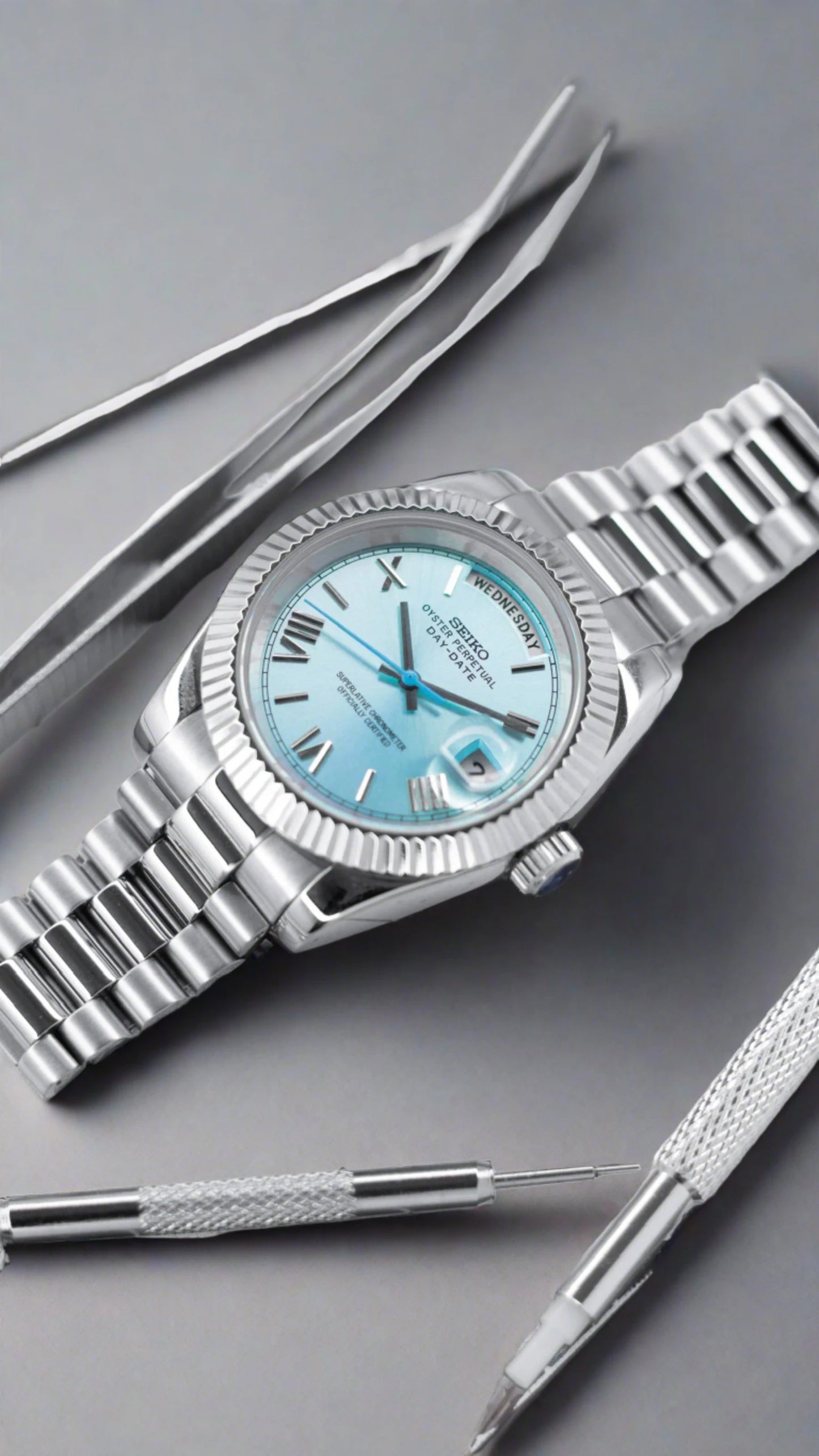 Seiko mod Platinum Ice Blue 39mm Day Date automatic watch