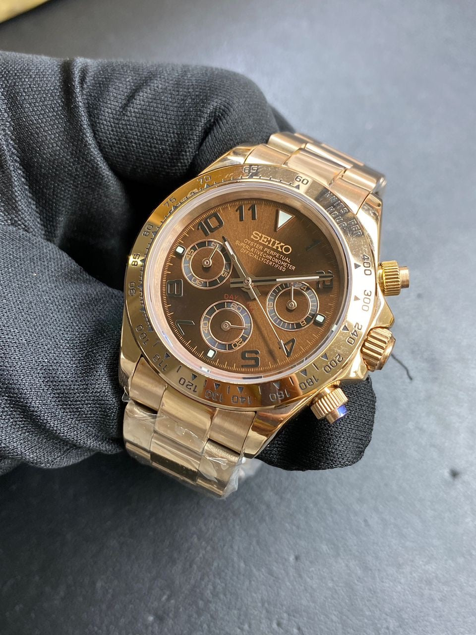Seiko mod rosegold Daytona brown dial VK63 chronograph watch