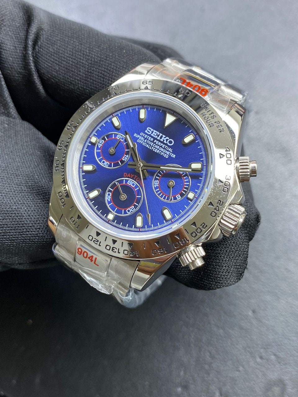 Seiko mod silver Daytona blue dial VK63 chronograph watch