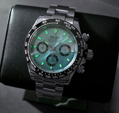 Custom build seiko mod - platinum ice blue seitona VK63 meca quartz chronograph watch daytona