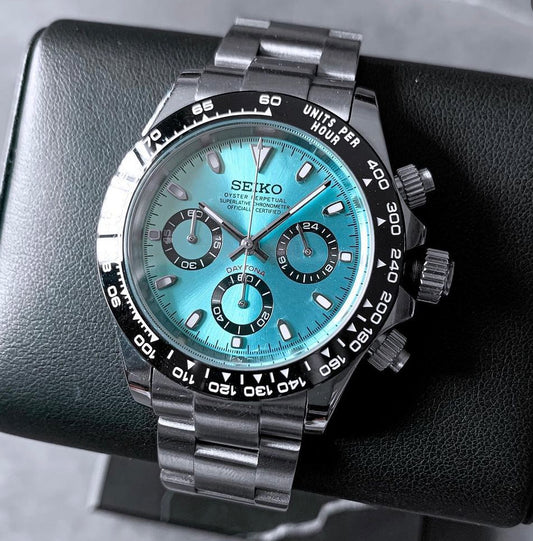 Custom build seiko mod - platinum ice blue seitona VK63 meca quartz chronograph watch daytona