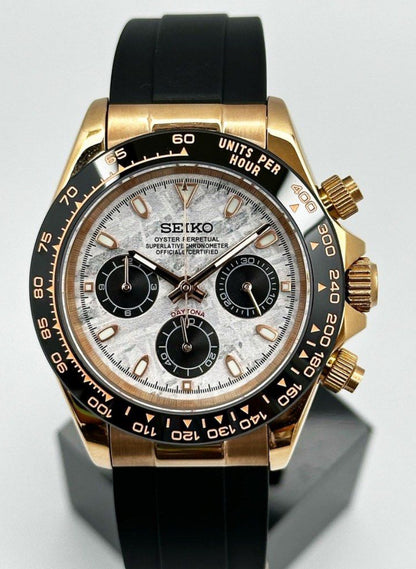 Seiko mod - custom gold meteorite Daytona with rubber strap mega-quartz VK63 movement watch
