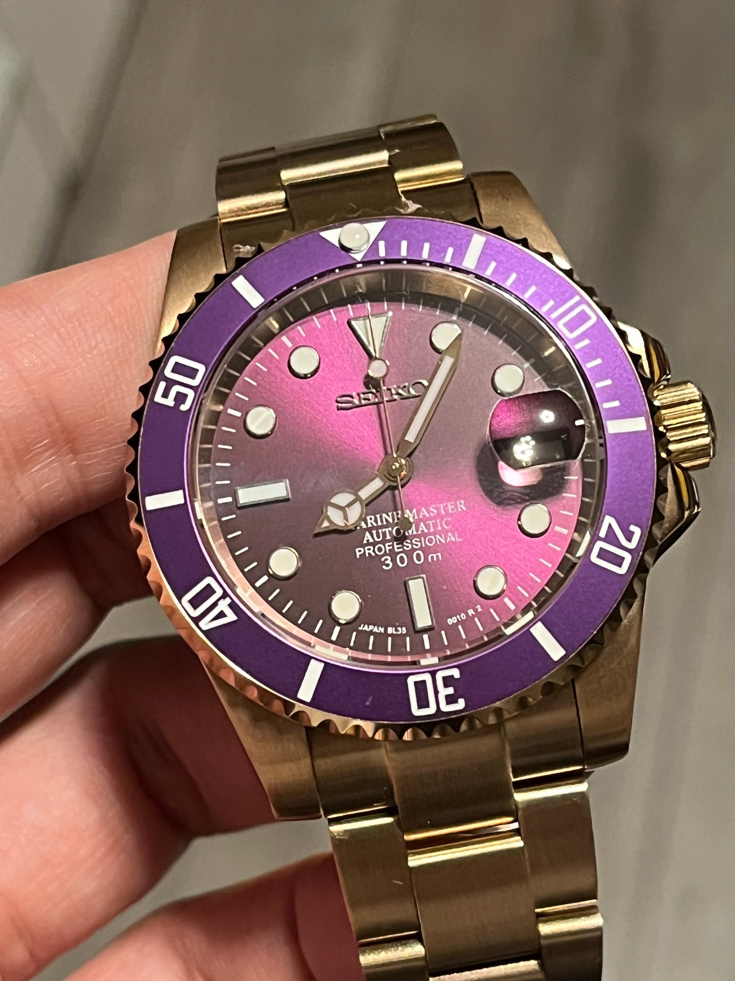 Seiko mod purple rosegold submariner automatic watch