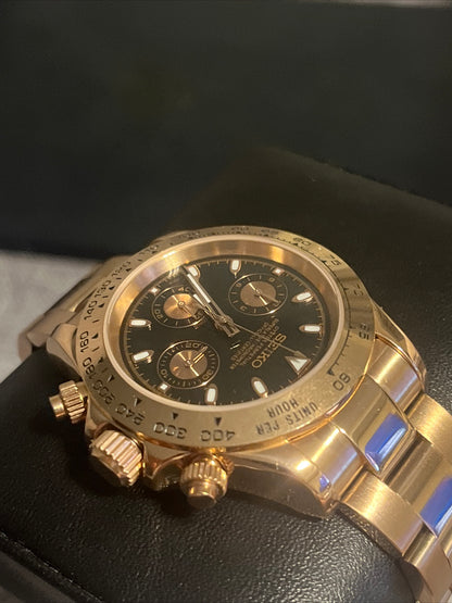 Custom build seiko mod - gold seitona with black dial VK63 meca-quartz chronograph watch Daytona
