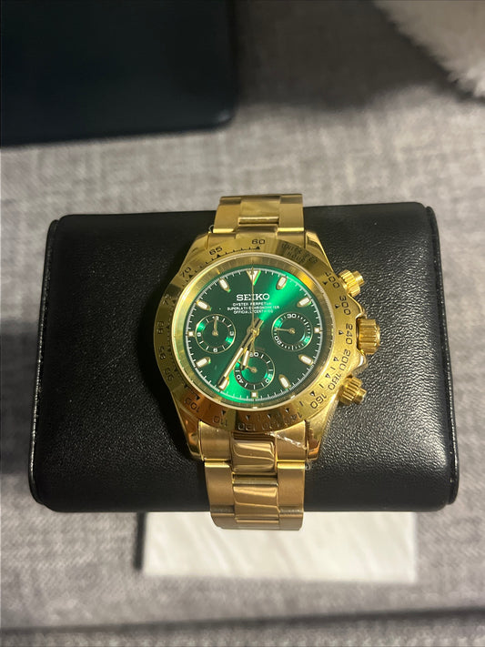 Custom build seiko mod - gold seitona with green dial VK63 meca-quartz chronograph watch daytona