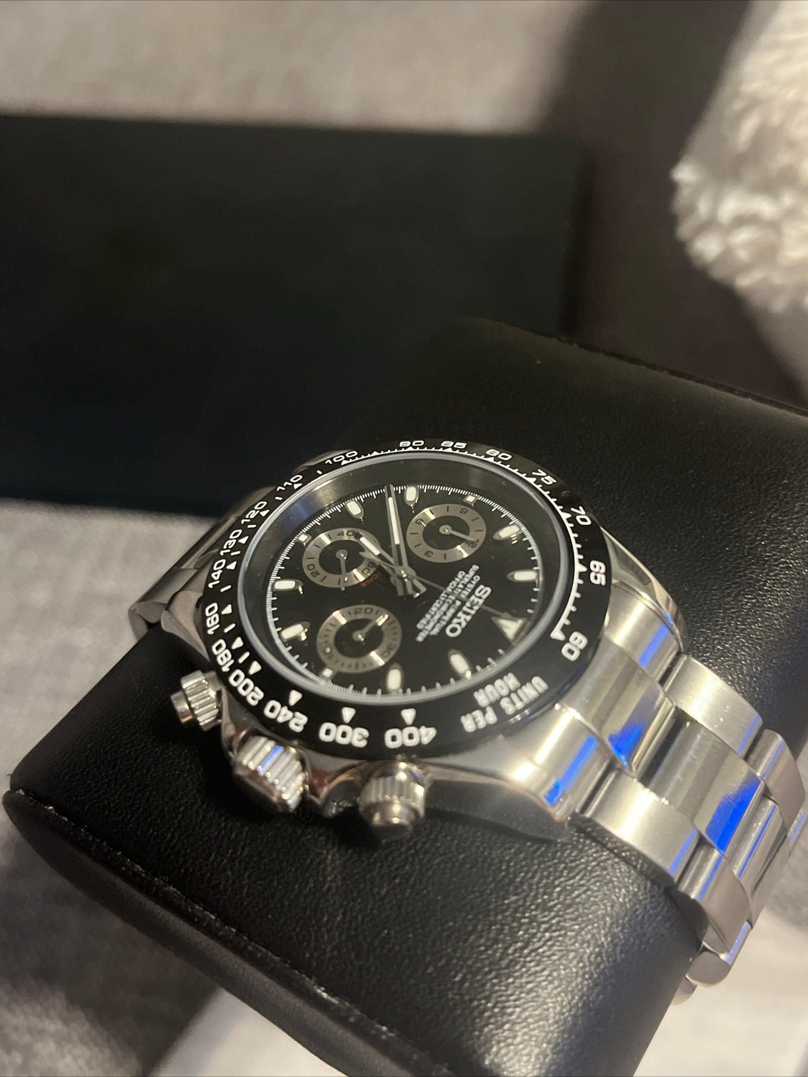 Custom Seiko Mod VK63 meca-quartz chronograph watch black Daytona 