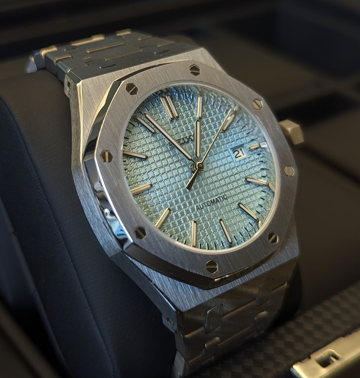 Custom build seiko mod -royal oak ice blue waffle dial automatic watch
