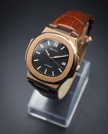 Custom build seiko nautilus mod rose gold automatic watch with brown leather strap