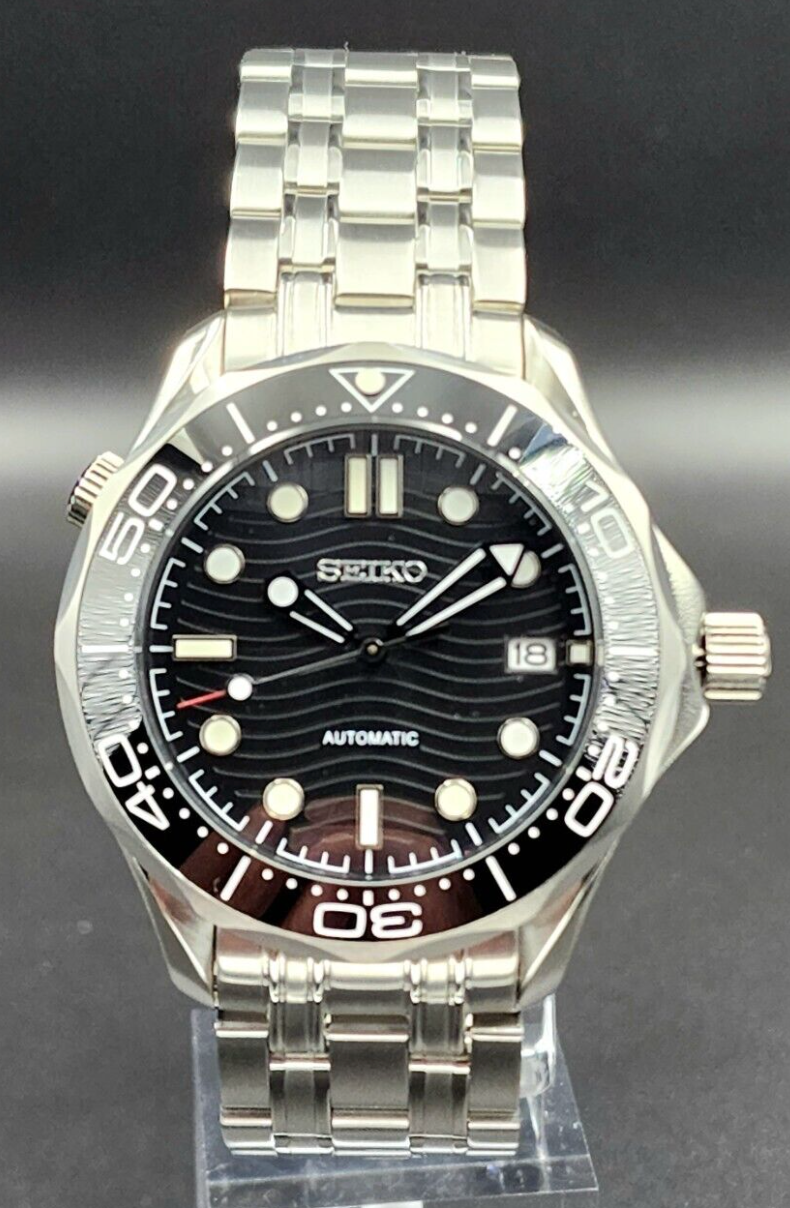 Custom Made Seiko Seamaster Mod Watch NH35 Automatic Stainless Steel Black Dial