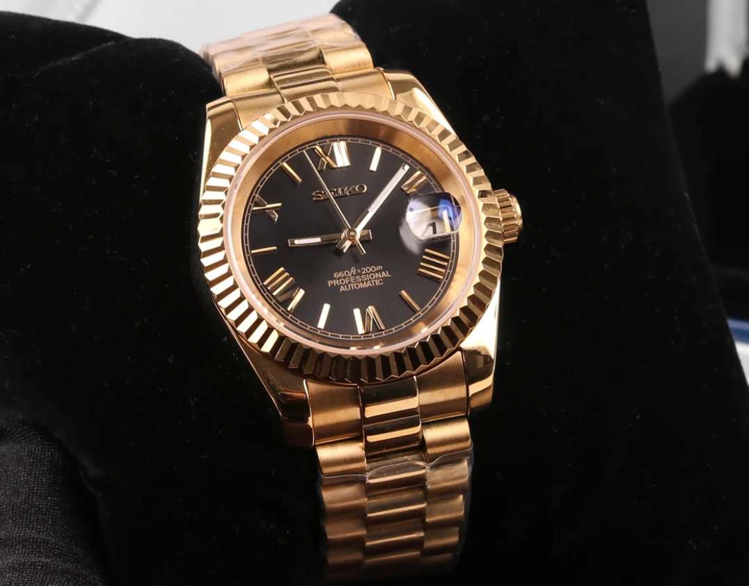 Custom Seiko Mod Datejust 39mm Black Gold Presidential Automatic Watch