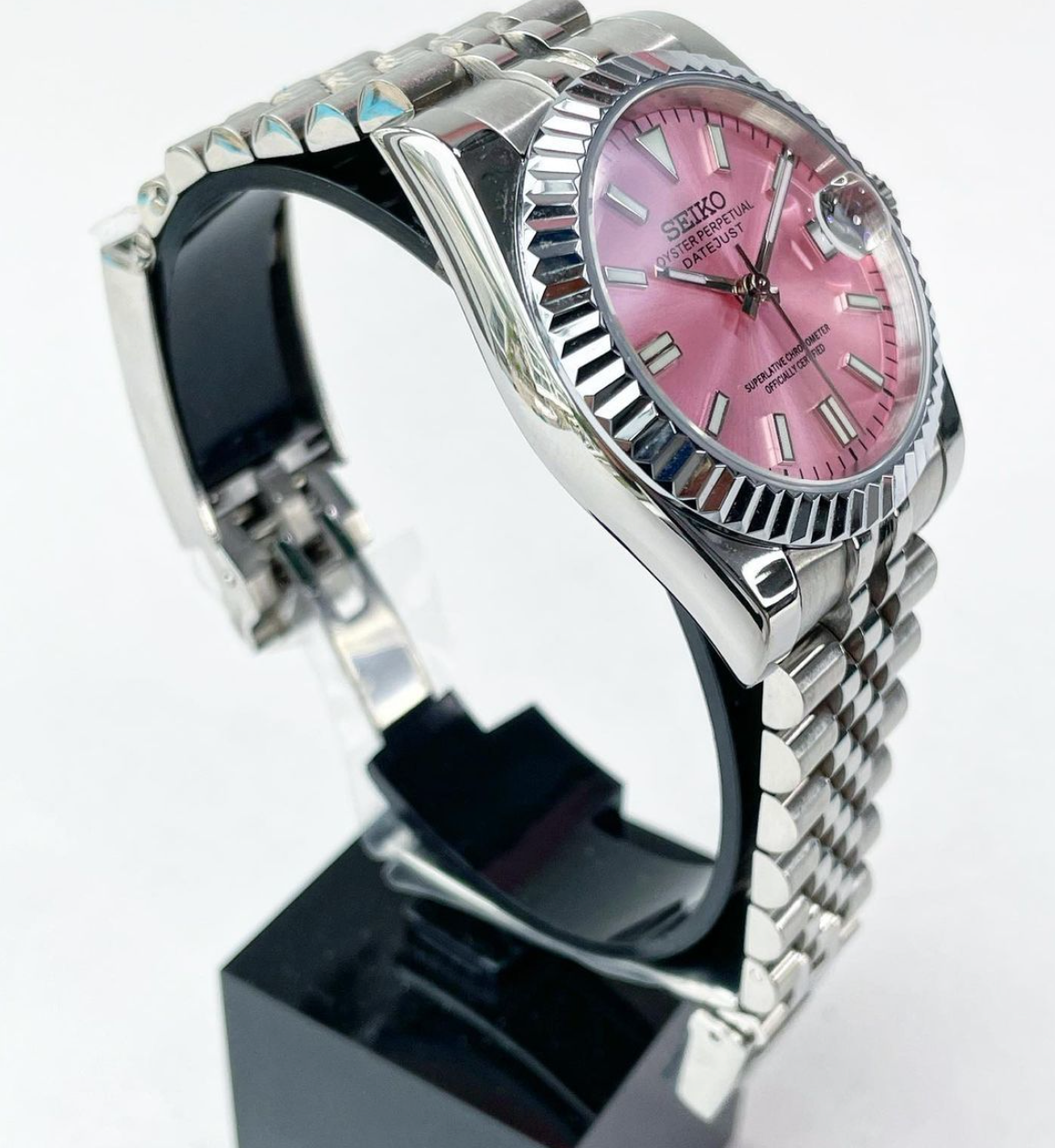 36mm pink seiko mod datejust automatic watch