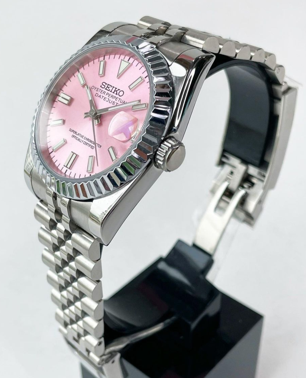 36mm pink seiko mod datejust automatic watch