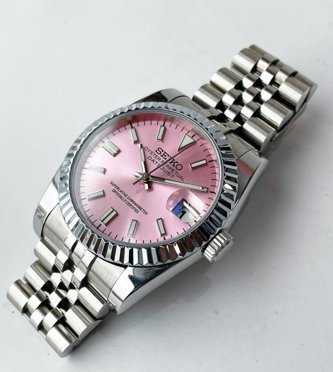 36mm pink seiko mod datejust automatic watch