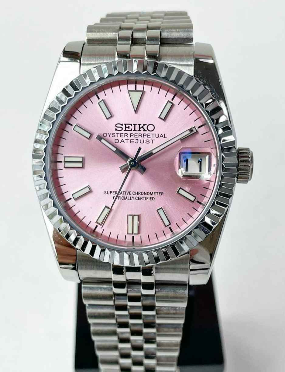 36mm pink seiko mod datejust automatic watch